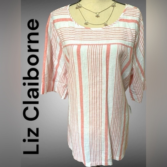 Liz Claiborne NWT Linen collection top XXL pink/off white 30” long, 24” pit2pit. - Picture 1 of 9